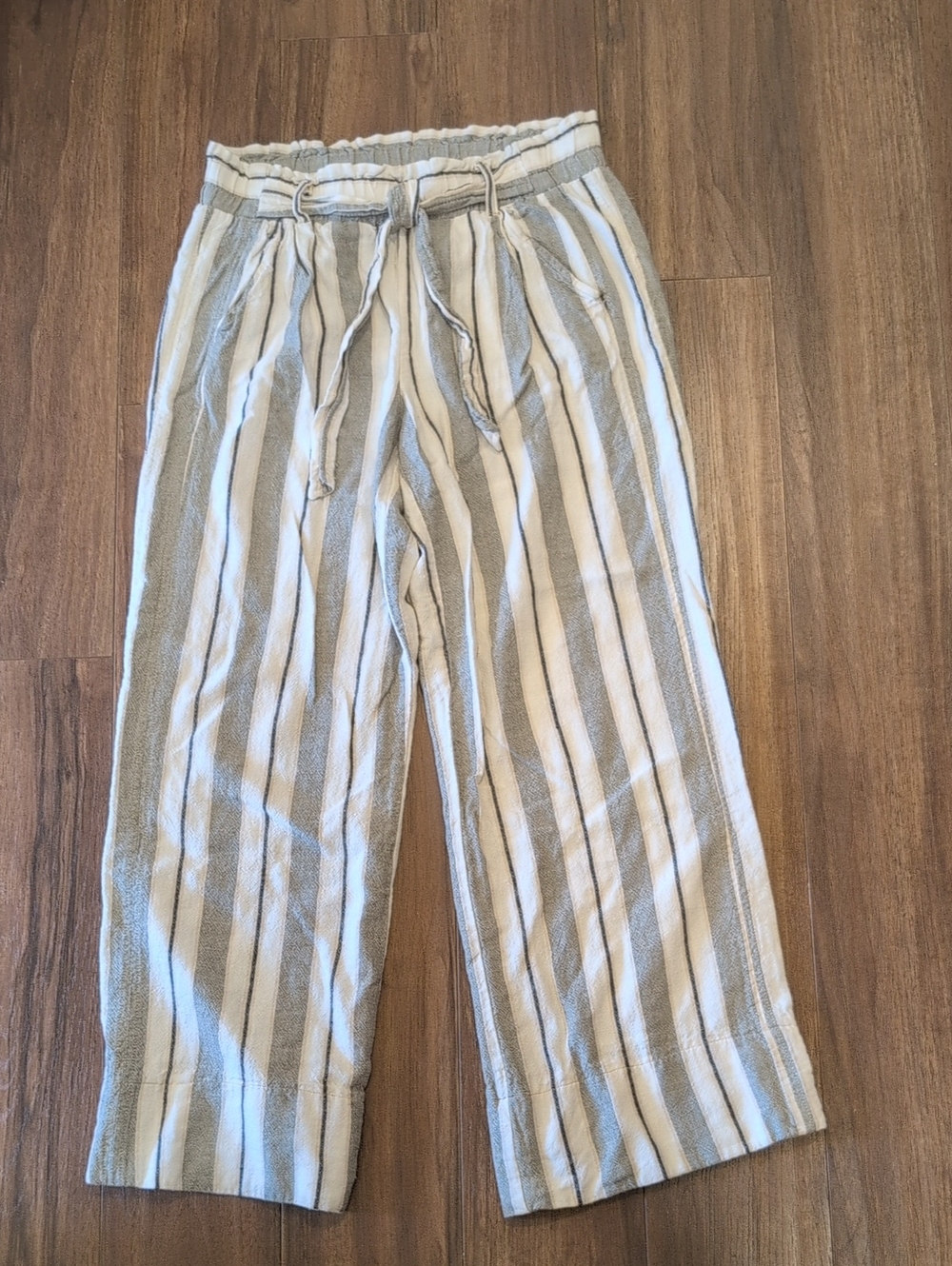 Rewind Linen Green & White Striped Wide-Leg Pants